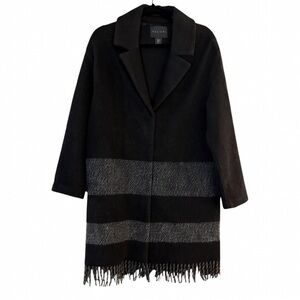 Tahari Wool Blend Fringe Coat Jacket Snap Front Black Gray Size M